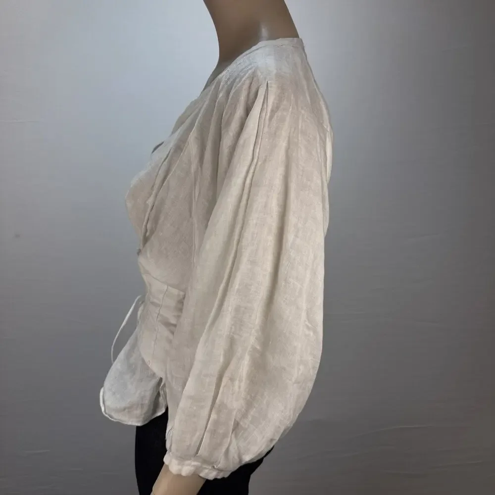 Anthropologie Akemi Kin Corset Blouse Top Size 6 White Linen 3/4 Balloon Sleeve